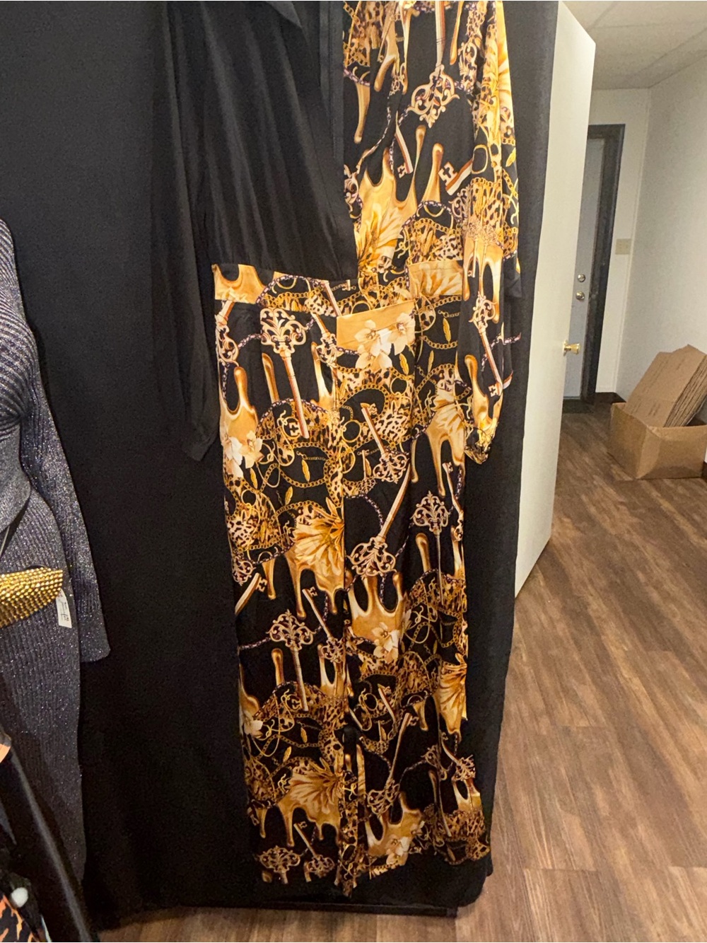 Fashion Nova Black & Gold Printed Jumpsuit